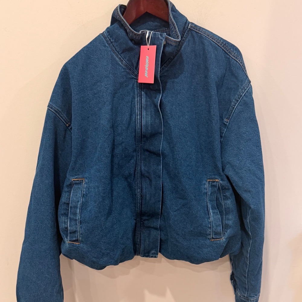 EDIKTED Hilary Oversize Bubble Hem Denim Jacket Blue Washed Womens S NWT